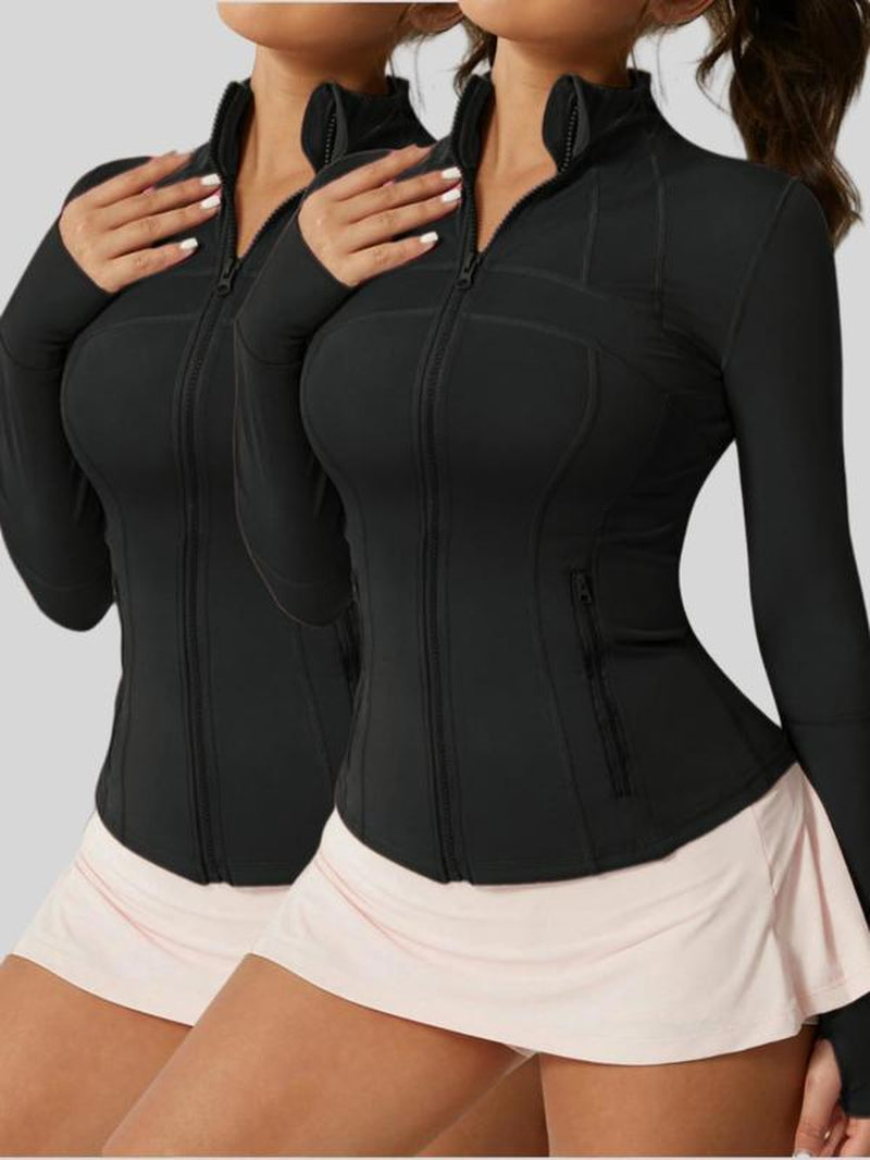 Women'S Solid Zip up Sports Jacket, 2 Count Breathable Long Sleeve Sports Outerwear for Gym Workout Running, Ladies Sportswear for All Seasons
