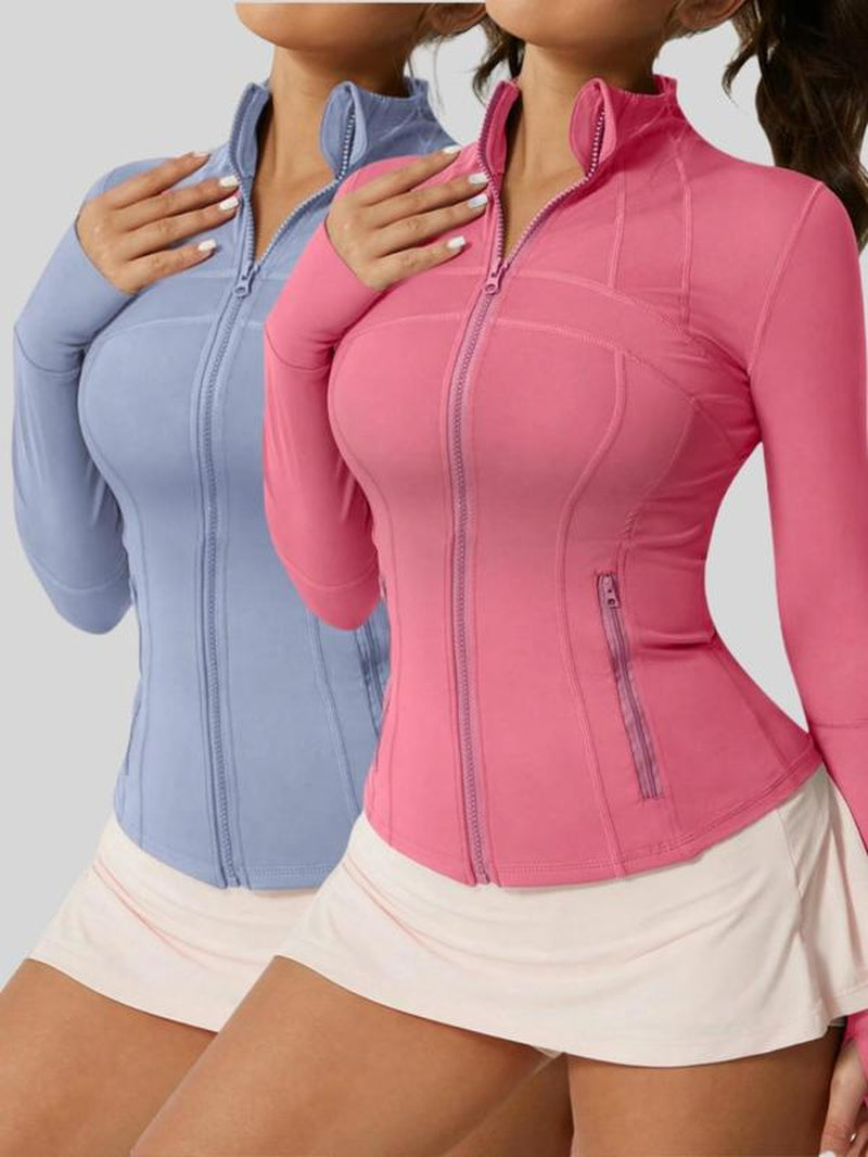Women'S Solid Zip up Sports Jacket, 2 Count Breathable Long Sleeve Sports Outerwear for Gym Workout Running, Ladies Sportswear for All Seasons