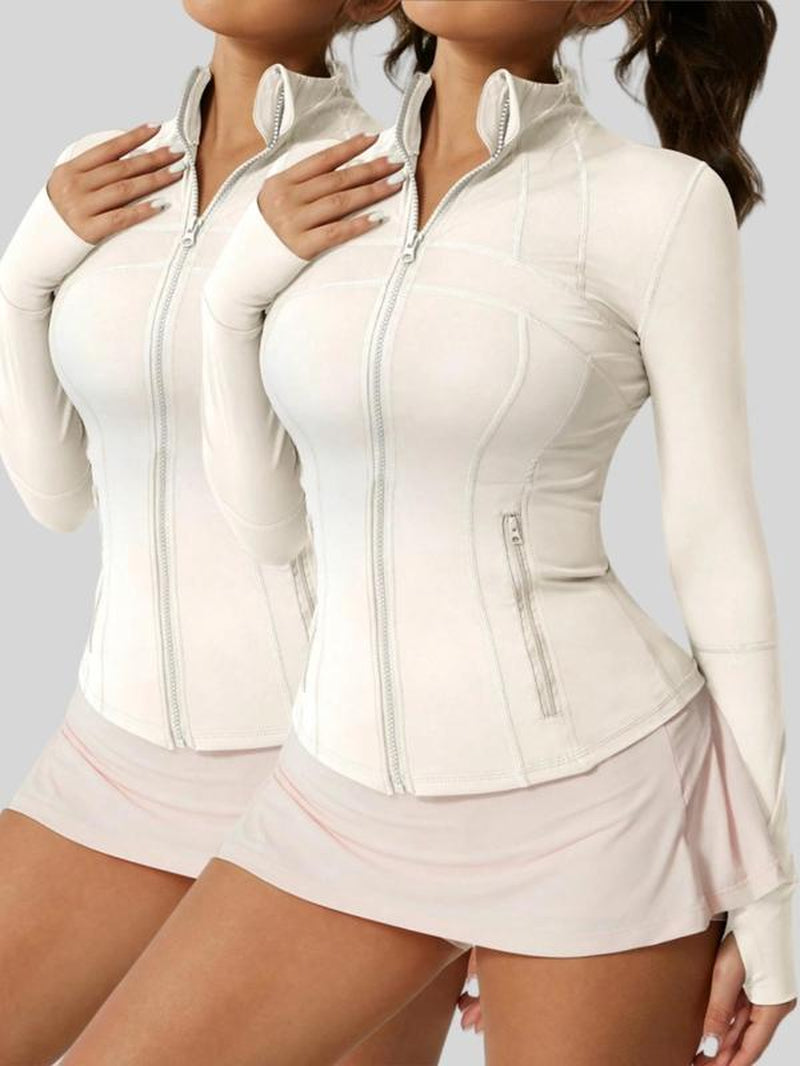 Women'S Solid Zip up Sports Jacket, 2 Count Breathable Long Sleeve Sports Outerwear for Gym Workout Running, Ladies Sportswear for All Seasons